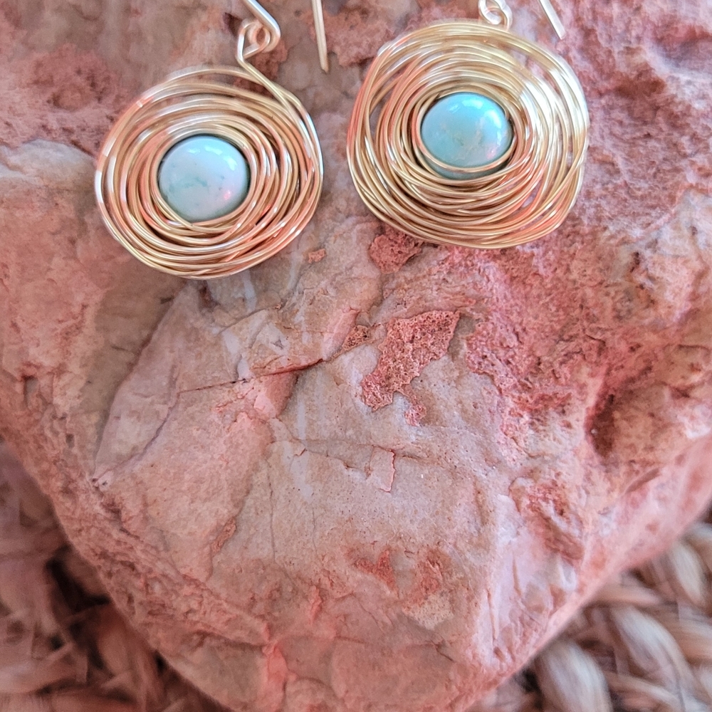 Handcrafted Swirl Wire Earrings w/ Turquoise